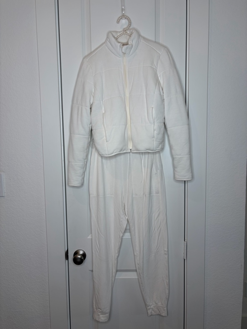 White Puffer Jacket & Jogger Set XS Lounge Set Athleisure Matching Set